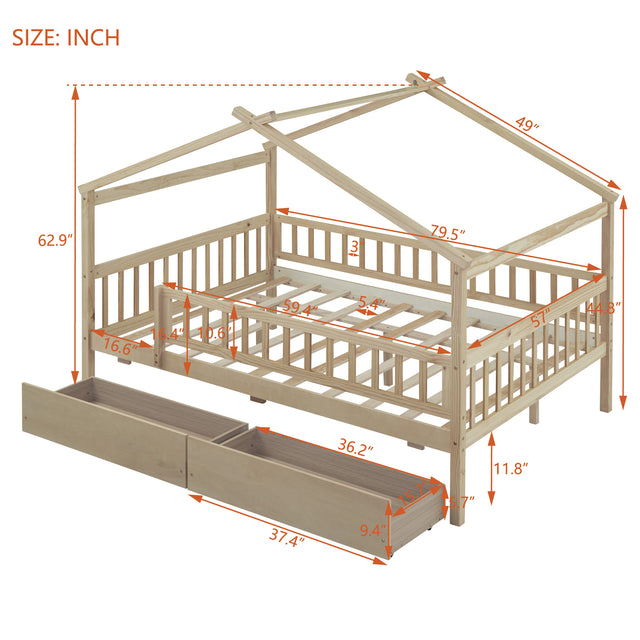 Full Size Wooden House Bed with Two Drawers, Natural