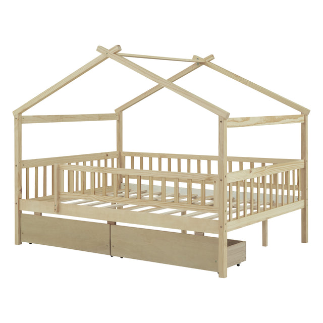 Full Size Wooden House Bed with Two Drawers, Natural