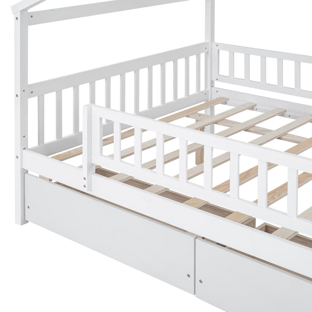 Full Size Wooden House Bed with Two Drawers, White