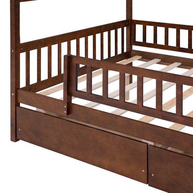 Full Size Wooden House Bed with Two Drawers, Walnut