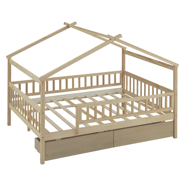 Full Size Wooden House Bed with Two Drawers, Natural