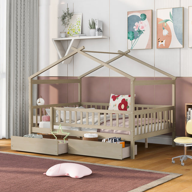 Full Size Wooden House Bed with Two Drawers, Natural