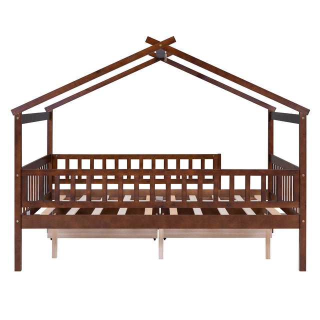 Full Size Wooden House Bed with Two Drawers, Walnut