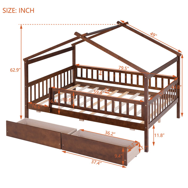 Full Size Wooden House Bed with Two Drawers, Walnut