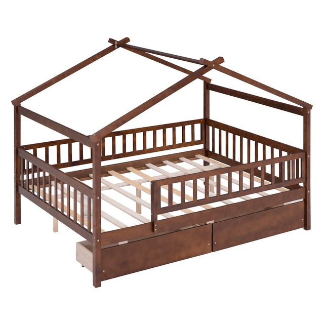 Full Size Wooden House Bed with Two Drawers, Walnut