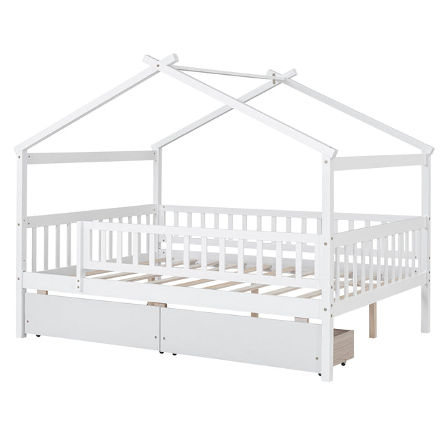 Full Size Wooden House Bed with Two Drawers, White