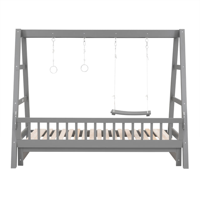 Extendable Twin Daybed with Swing and Ring Handles, Gray(Twin bed can be pulled out to be King)