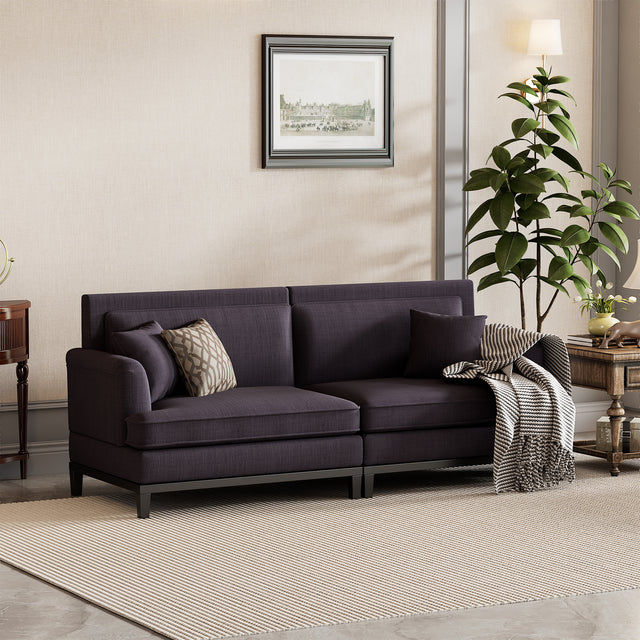 U-style Upholstered Country Style Sofa with Wooden Legs and Two Throw Pillows