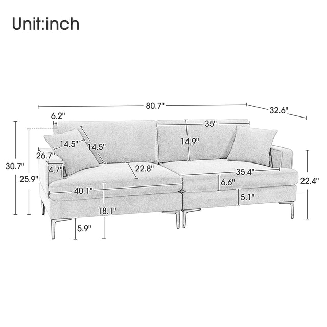 U-style Upholstered Modern Loveseat with Metal Legs – Durable with 2 Pillows, 2-3 People Seat Capacity
