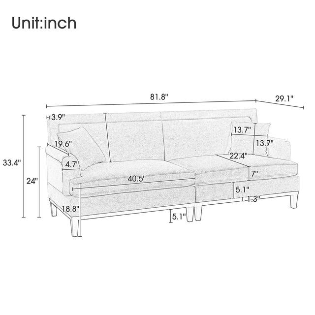 U-style Upholstered Country Style Sofa with Wooden Legs and Two Throw Pillows