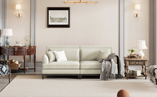 U-style Upholstered Country Style Sofa with Wooden Legs and Two Throw Pillows