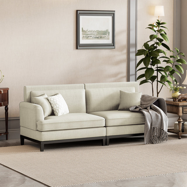 U-style Upholstered Country Style Sofa with Wooden Legs and Two Throw Pillows