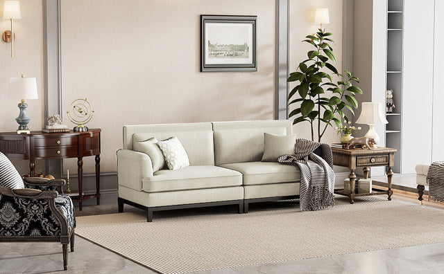 U-style Upholstered Country Style Sofa with Wooden Legs and Two Throw Pillows
