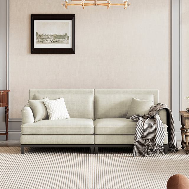 U-style Upholstered Country Style Sofa with Wooden Legs and Two Throw Pillows