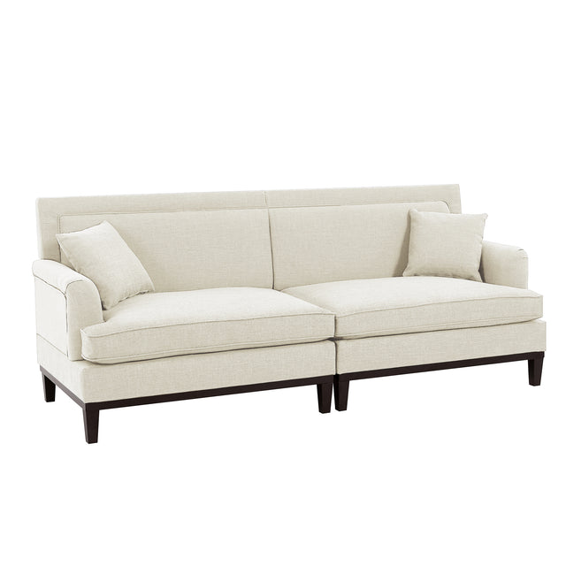 U-style Upholstered Country Style Sofa with Wooden Legs and Two Throw Pillows