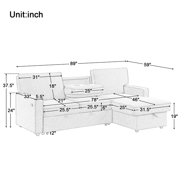 U_STYLE Upholstery Sleeper Sectional Sofa with Storage Space, USB port, 2 cup holders on Back Cushions