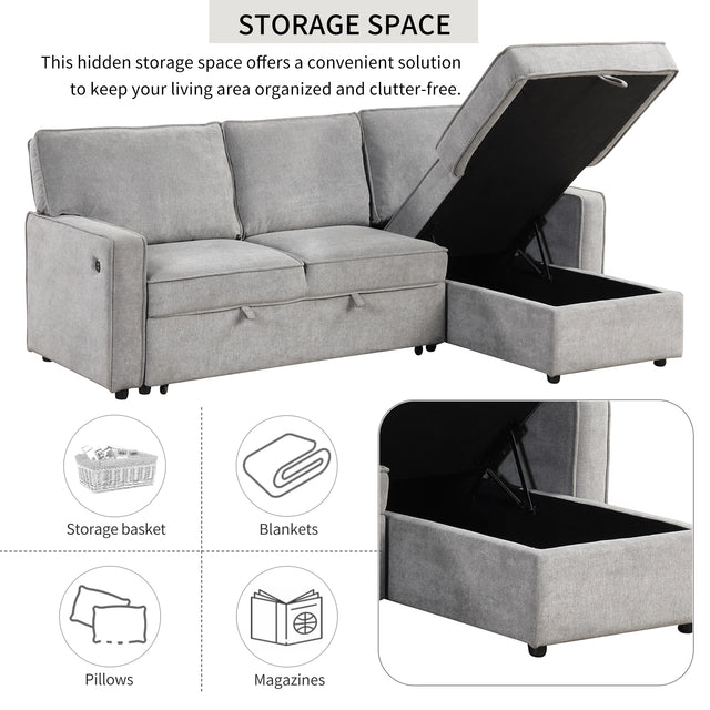 U_STYLE Upholstery Sleeper Sectional Sofa with Storage Space, USB port, 2 cup holders on Back Cushions