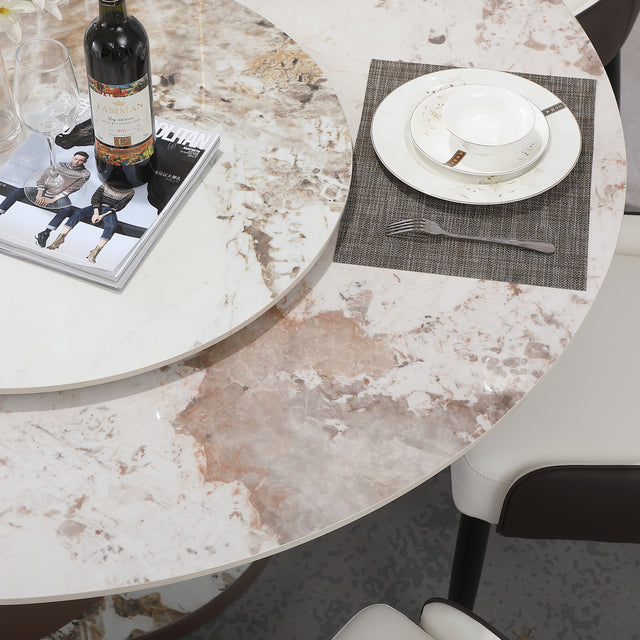 59.05"Modern Sintered stone dining table with 31.5" round turntable  and metal exquisite pedestal with 8 pcs Chairs .
