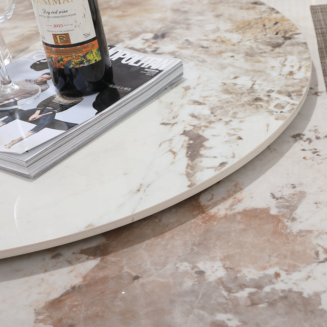 59.05"Modern Sintered stone dining table with 31.5" round turntable  and metal exquisite pedestal with 8 pcs Chairs .