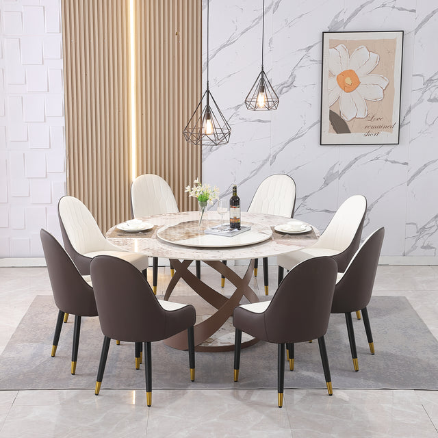 59.05"Modern Sintered stone dining table with 31.5" round turntable  and metal exquisite pedestal with 8 pcs Chairs .
