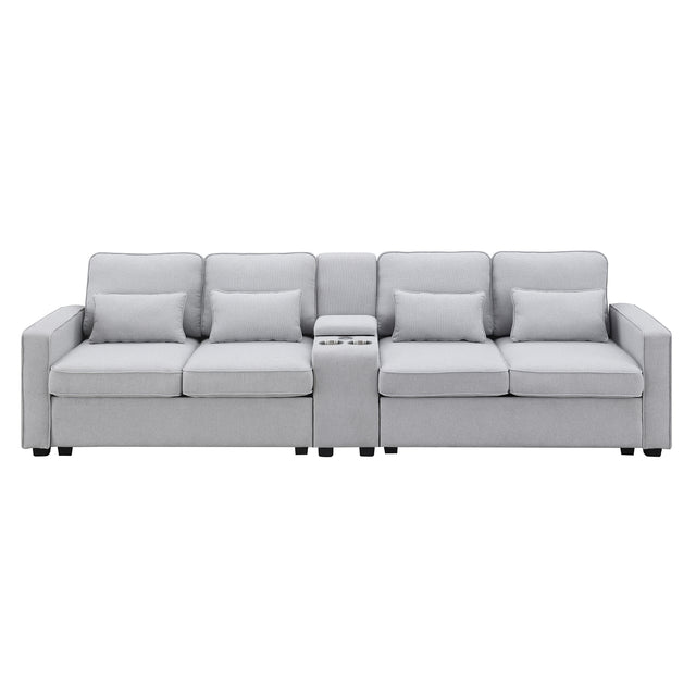 [VIDEO provided] [New] 114.2" Upholstered Sofa with Console, 2 Cupholders and 2 USB Ports Wired or Wirelessly Charged, Modern Linen Fabric Couches with 4 Pillows for Living Room, Apartment (4-Seat)