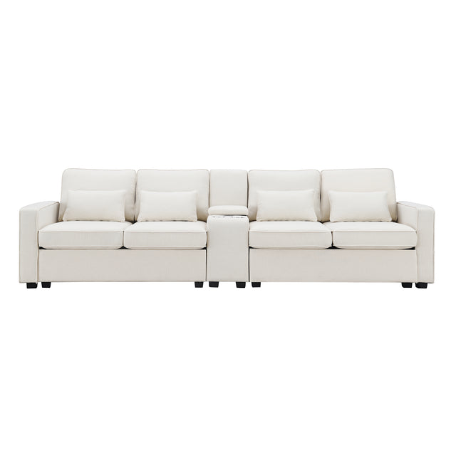[VIDEO provided] [New] 114.2" Upholstered Sofa with Console, 2 Cupholders and 2 USB Ports Wired or Wirelessly Charged, Modern Linen Fabric Couches with 4 Pillows for Living Room, Apartment (4-Seat)