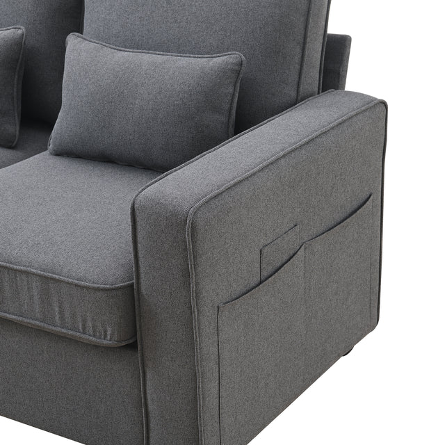[VIDEO provided] [New] 114.2" Upholstered Sofa with Console, 2 Cupholders and 2 USB Ports Wired or Wirelessly Charged, Modern Linen Fabric Couches with 4 Pillows for Living Room, Apartment (4-Seat)