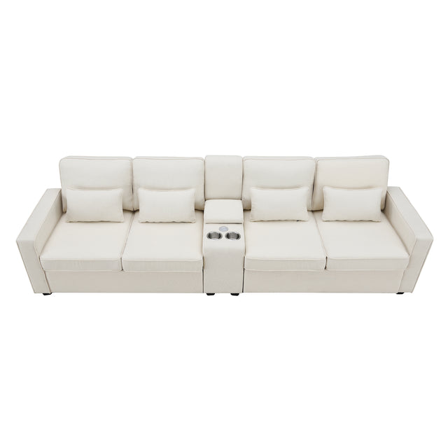 [VIDEO provided] [New] 114.2" Upholstered Sofa with Console, 2 Cupholders and 2 USB Ports Wired or Wirelessly Charged, Modern Linen Fabric Couches with 4 Pillows for Living Room, Apartment (4-Seat)
