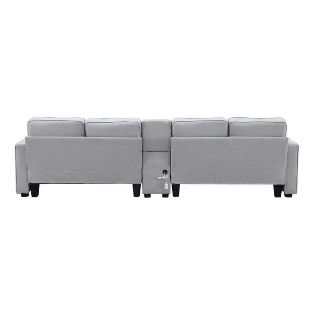 [VIDEO provided] [New] 114.2" Upholstered Sofa with Console, 2 Cupholders and 2 USB Ports Wired or Wirelessly Charged, Modern Linen Fabric Couches with 4 Pillows for Living Room, Apartment (4-Seat)