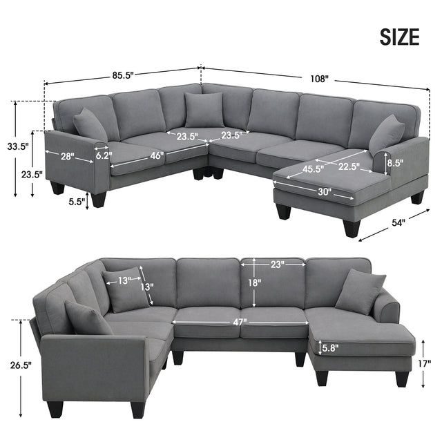 [VIDEO provided] [New] 108*85.5" Modern U Shape Sectional Sofa, 7 Seat Fabric Sectional Sofa Set with 3 Pillows Included for Living Room, Apartment, Office,3 Colors